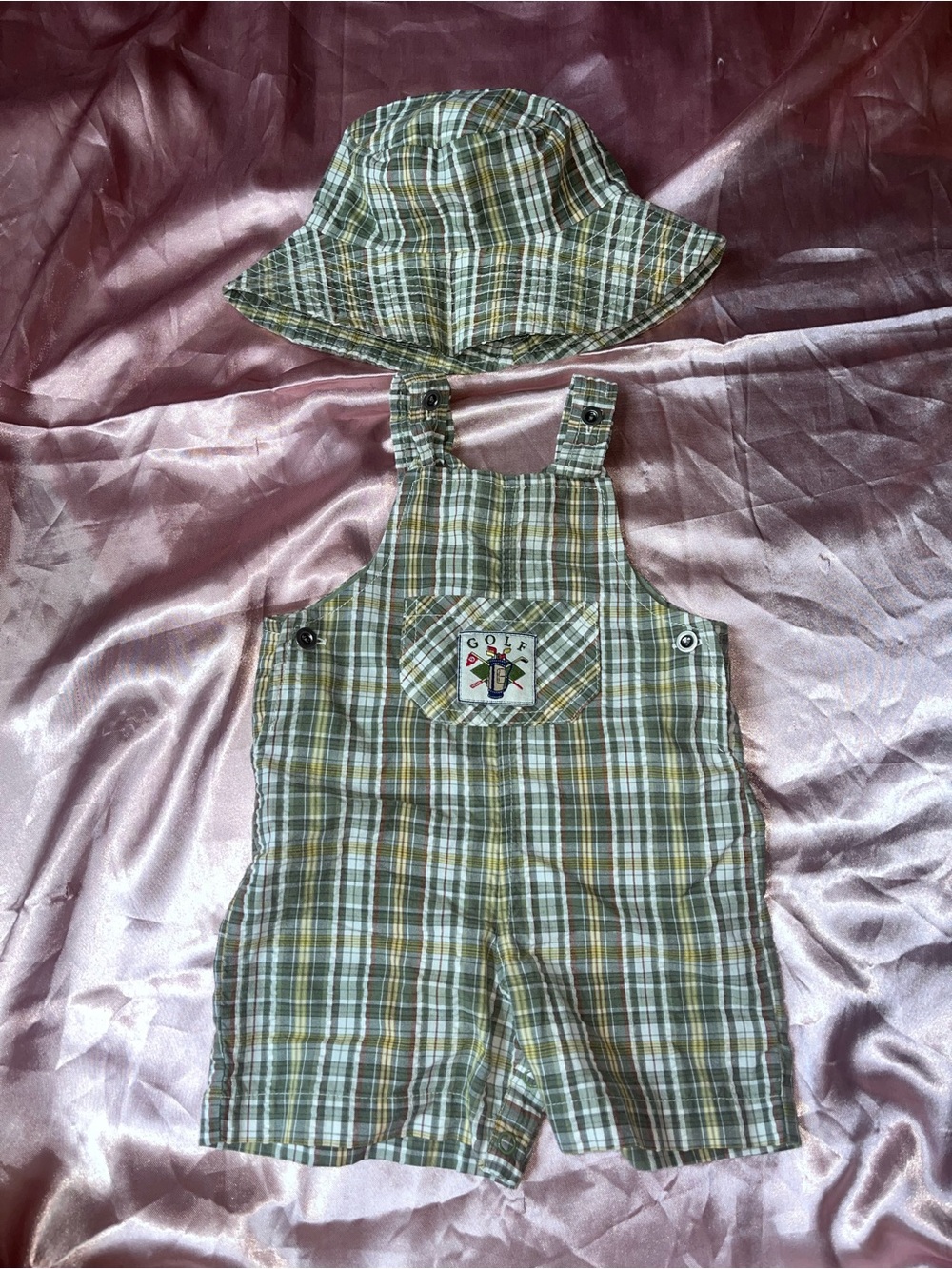 Class Club Green Plaid Kids Bucket Hat and Overalls Set